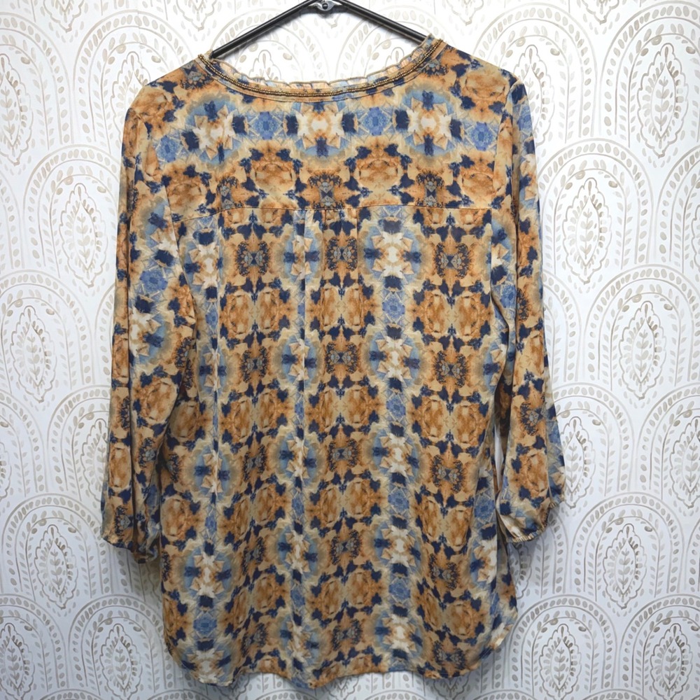 Nine West Vintage America Blouse Blue Orange Ikat Beaded Neck 3/4 Sleeve Large - Picture 2 of 8